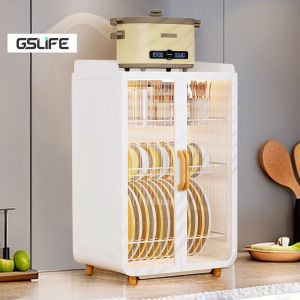 GSLIFE Rak Piring Tertutup 2/3 Tingkat Lemari Piring Serbaguna Dapur Rak Dengan Pintu