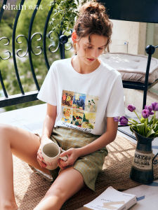 OuRui White Short Sleeve Cotton T-Shirt Womens Summer Commute Casual Versatile round Neck Slimming Print Top