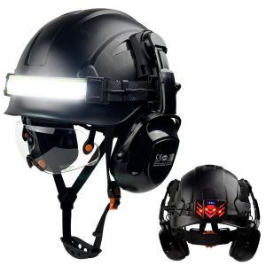 CE Safety Helmet With Built In Goggles Earmuffs Led Headlight Strip and Warning Taillight ABS Light Weight Construction Hard Hat
