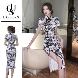 ชุดกี่เพ้ายาวสำหรับเสื้อผ้ากุลสตรีทันสมัยมีแขนสั้นกรีดตามยาวข้างคอจีนชุดรัดรูปแฟชั่นดีไซน์เซ็กซี่หรูหราเสื้อผ้าแบบดั้งเดิมปาร์ตี้มื้อเย็นช่วงเย็นยืดได้ลายดอกไม้