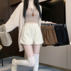 Celana Pendek Wanita Model A-line Pinggang Tinggi Celana Korduroi Desain Kancing Ganda Celana Pendek Mini