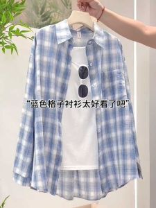 Blue Plaid Cotton Linen Womens Shirt Jacket Early Autumn New Lazy Style Sunscreen Top Quality Texture Long Sleeve Polo Collar