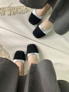French Style Thick Heel Square Toe Silver Shoes