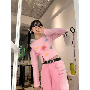 Cute Sweet Colorful Star Print Short Sleeve T-Shirt for Women Summer Student Style Trendy Top Female Fashion Casual Tee