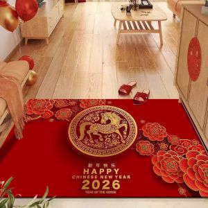 VIKAMA New Year Carpet 2026 Year of the Horse Entrance Door Mat Golden Horse Fortune Character Hall Living Room Festival Decor
