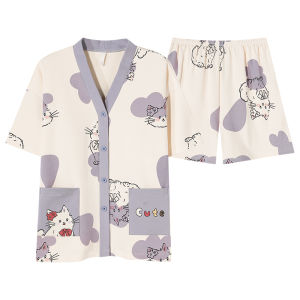 miiow | Pure Cotton Sleepwear Womens Summer New Style Short Sleeve Shorts With Chest Pad Can Be Worn Outside Home Clothes V-neck