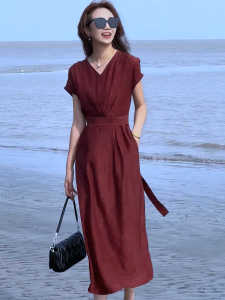 High-End Chic V-Neck Slimming Vinegar Dress Womens Summer 2024 New French Style Long Dress Casual Easy-Wear Skirt