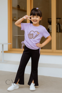 Setelan Kaos Serut Crop Top dan Cutbray Belah Anak Perempuan Love Bear Umur 1-14 tahun