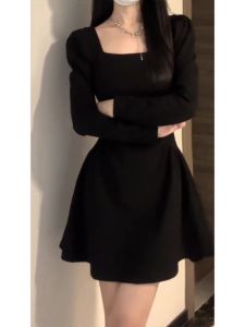 Spring Autumn Winter A-Line Skirt Waist-Cinching Long Sleeve Black Dress Womens Inner Wear French Elegance Short Dress