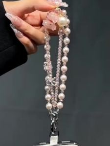 Luxury Pearl Crystal Beaded Phone Chain Star Bow Phone Wrist Strap Cute Handmade Mobile Lanyard for iPhone Samsung Cases