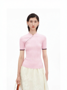 Mandarin Collar Cross Over Colorful Fitting T-Shirt Women