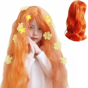 วิกผมผมสังเคราะห์ดัดม้วนยาวน่ารักมีวิกผมผู้หญิงแบบเรียบร้อยสำหรับเด็กผู้หญิงงานปาร์ตี้คอสเพลย์สวมใส่ทุกวันการแสดงบนเวทีการถ่ายภาพสีส้มแดง