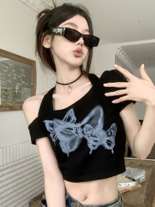 เสื้อยืดแขนสั้นผู้หญิงสไตล์อเมริกันย้อนยุคพร้อมพิมพ์ลายผีเสื้อ ทรงเข้ารูป ทรงสั้น เสื้อผ้าทำงานสไตล์เกาหลี ผ้าฝ้าย