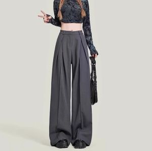 High Waist Wide Leg Suit Pants Womens Casual Drapey Pleated Slimming Pear Shape Floor Length Loose Fit Trousers