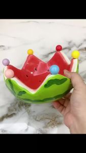 JUSTINLAU Ceramic Fruit Bowl Set Watermelon Shaped Fruit Dessert Bowl  Stainless Steel Colorful Fruit Fork Home Table Decoration