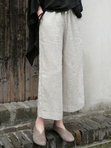 Spring/Summer 2024 New Arrival Artsy Easiest for Match Slim Looking Cotton and Linen Trousers Womens Elastic Waist Linen Casual Pants Straight-leg Cropped Pants