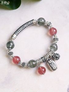 925 Silver Single Circle Bracelet Womens Natural Strawberry Crystal Green Ghost Bracelet Valentines Day Gift Pure Silver Heart
