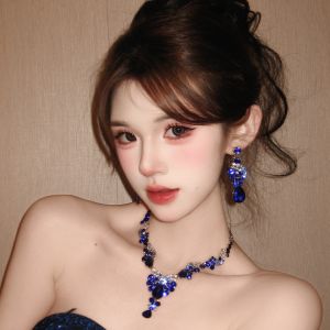 French Blue Tear Drop Necklace Earring Set Women Exaggerated Accessories Luxury Ear Jewelry High End Niche Clavicle Chain