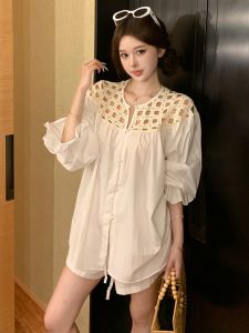 GUZILIAN | Korean Style Linen Heavy Work Shoulder Hollow Lazy Bubble Sleeve Long Sleeve Shirt Fashion Short Pants Two Piece Set