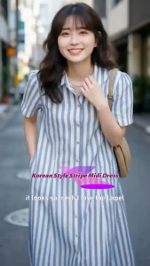 Women Korean Fashion Casual Lapel Short Sleeve Dress Stripe Open Front Shirt Dress L2415