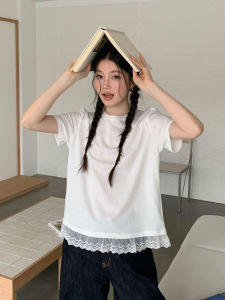Lace Splice Round Neck White Short Sleeve Loose Casual T-shirt