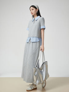 XIAODADEHUA | Gray Two-in-One Short Sleeve Top and High Waist Skirt Casual Set