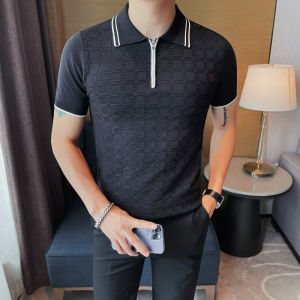 Summer Fashionable Casual Short Sleeve Polo Shirt Mens High-end Plaid Zipper Collar Knitted Ice Silk Slim Fit T-shirt