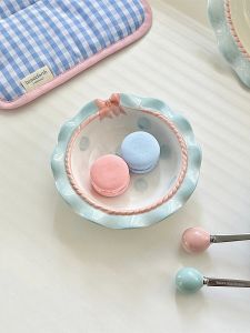 Elegant Vintage 3D Butterfly Knot Cake Set Adorable Wave Edge Dinner Plate Light Blue Dessert Plate Steak Plate Ceramic Dishware