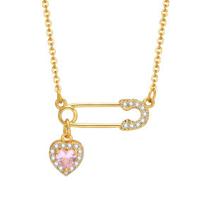 Vnox Dainty 18K Gold Safety Pin Heart Pendant Necklace for Women Hypoallergenic AAA Cubic Zirconia Love Paper Clip Chain NecklaceNo Fade Wedding Party Birthday Jewelry Gifts Accessories