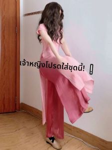 Đầm sườn xám CHANGTONG ngắn tay cách tân phối quần ống rộng phong cách Trung Hoa cổ điển