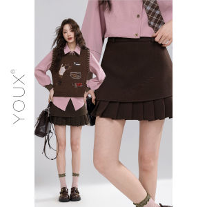 YOUXIANG | Chân Váy Ngắn Màu Nâu Phong Cách Retro