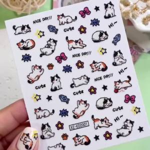1Pcs 3D Lovely Cartoon Kitten Star Bow Fish Nail Decals Cat Paw Bow Self Adhesive Nails Decals Kawaii Pet Manicure Decor Slider