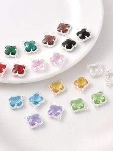 Handmade DIY Copper Plated Thick Silver Edge Color Retention Crystal Zircon Four Leaf Clover Pendant Bracelet Necklace Decoration Material