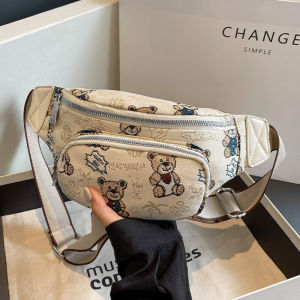Korean Style Cartoon Bear Print Mini Bag Womens Fashionable Canvas Waist Bag Summer Underarm Chest Bag Casual Zipper Closure