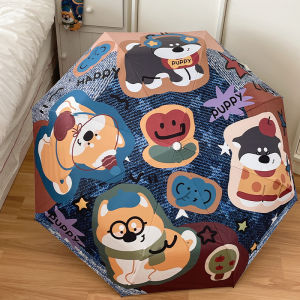 Automatic Umbrella Cartoon Doggies Denim Womens Sunny Rain Dual Use Black Glue Sunscreen UV Protection Student Sunshade Umbrella