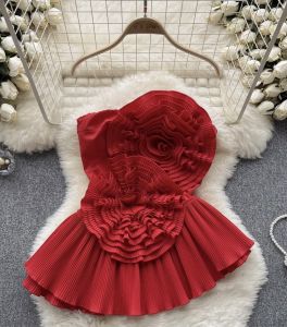 เสื้อกล้ามสายเดี่ยวสำหรับผู้หญิงเสื้อรัดทรง3D อัดพลีทสีทึบเสื้อรัดทรงสตรีเสื้อรัดสายเดี่ยวลายดอกไม้แบบไม่สม่ำเสมอเสื้อซับในตัวบน