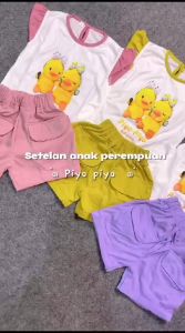 Setelan Anak Perempuan Bebek Piyo Celana Pendek Cargo Usia 1-10 Tahun