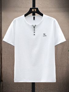 ROMON | Lormen Mens Short Sleeve T-Shirt Ice Silk Thin V-neck Summer Fashion Urban Style Standard Fit Embroidered Label Cool Feeling