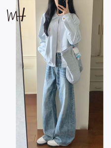 Retro American Light Blue Heavy Washed Low Waist Wide Leg Jeans Womens Autumn New Style Loose Fit Denim Pants Casual Wear
