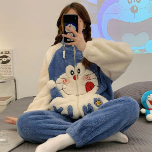 Thickened Coral Fleece Sleepwear Womens Style Winter Home Clothes Set Cute Blue Cat Design Long Sleeve High Collar Polyester Fiber