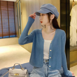 เสื้อคาร์ดิแกนถักคอวีแขนยาวสไตล์ลำลองสำหรับผู้หญิง ฤดูใบไม้ร่วง/ฤดูหนาว เสื้อชั้นในสั้น แขนยาว คอกลม ทรงสลิมฟิต ผ้าขนสัตว์