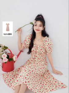 SEIFINI | Slimming Pink Square Collar Flower Dress