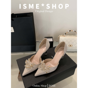 Elegant Pearl Hollow out Wedding Shoes Womens Fashion Single Shoes Diamond Decorated Pointed Toe Bride Beautiful Ivory