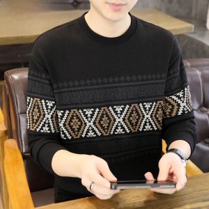 HENGYUANXIANG | Hengyuanxiang 2025 New Retro Ethnic Long Sleeve T-Shirt Mens Spring Autumn Casual Versatile Round Neck Base Shirt Cotton Polyester Spandex