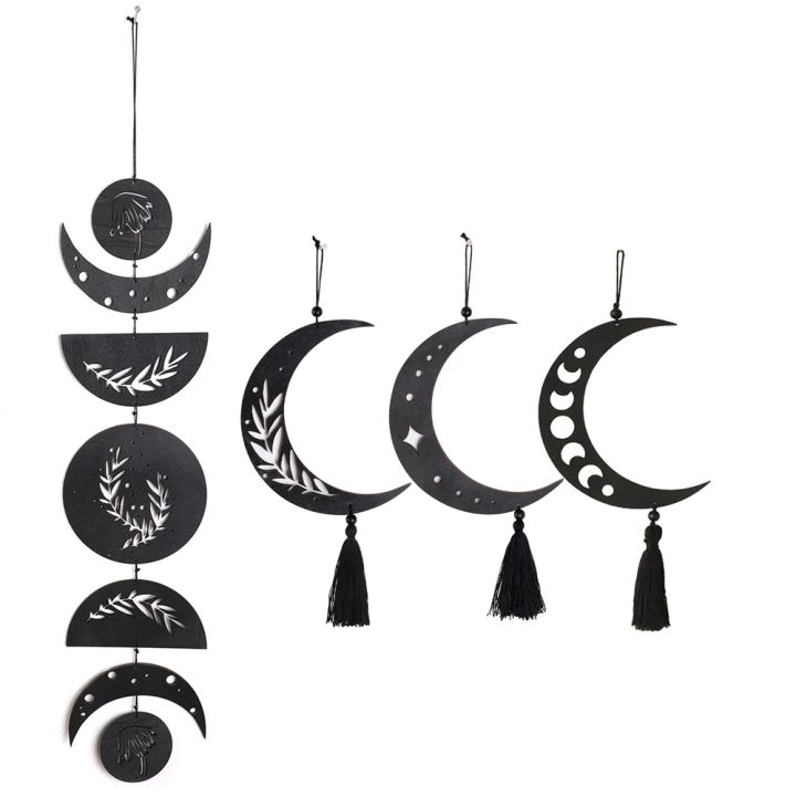 1PCS Black Moon Phase Wall Hanging Boho Home Decor Wooden Moon Garland ...