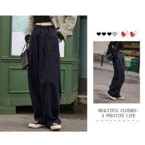 High Waist Wide Leg Workwear Pants Women Loose Slim Straight Cut Casual Dark Blue Versatile Long Trousers Spring Summer Cotton