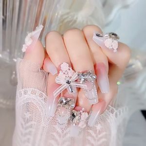 24 pcs Pink Gradients Kuku Palsu dengan Dekorasi Bunga Kuku Alami Tidak Dapat Dipecahkan Sederhana Dipakai untuk Wanita dan Salon Kuku Gadis