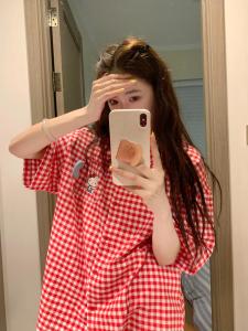 Dongdaemun Summer Womens Sleepwear Short Sleeve Plaid Hellokitty Home Clothes Set Cute Cartoon Style Short Pants Included