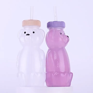 Honey Bear Straw Cups with Straw Mini Honey Bear Jars with Lids Cap Bear Juice Bottle Long Straws Drinking Cup
