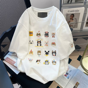 เสื้อยืดแขนสั้นผ้าฝ้ายแท้ปักลายแมวฤดูร้อนปี 2024 ทรงหลวมสบาย ๆ สำหรับผู้ชายและผู้หญิง